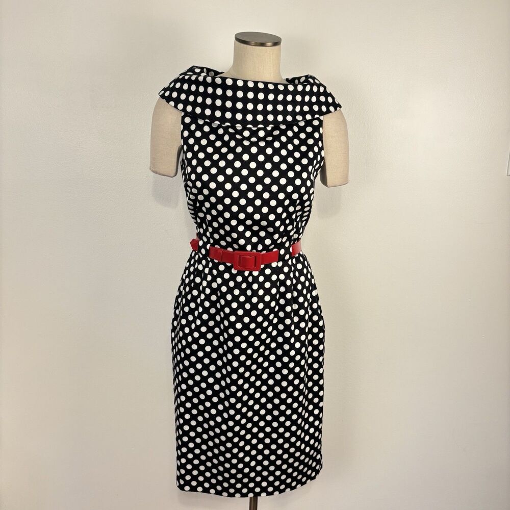 Tahari Arthur S. Levine Womens Black White Polka Dot Midi Dress Pinup Rockabilly